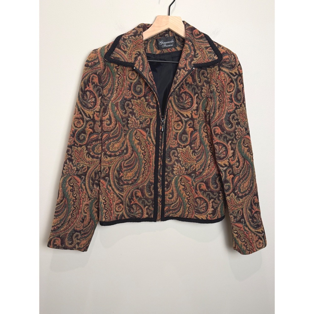 VTG Giancarlo Ferrari Tapestry Paisley Zip Up Blazer Jacket Short Brown Fall 10